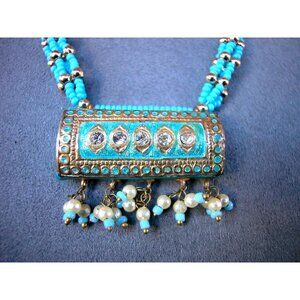 Turquoise Blue Seed Bead Necklace With Gold-Tone Pendant & Crystal Accents Barre